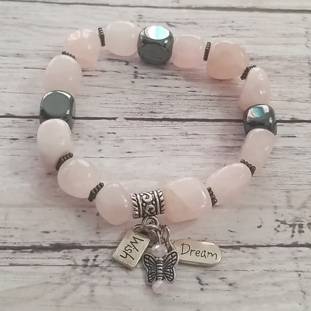 Pink quartz & hematite nuggets, silver, charms